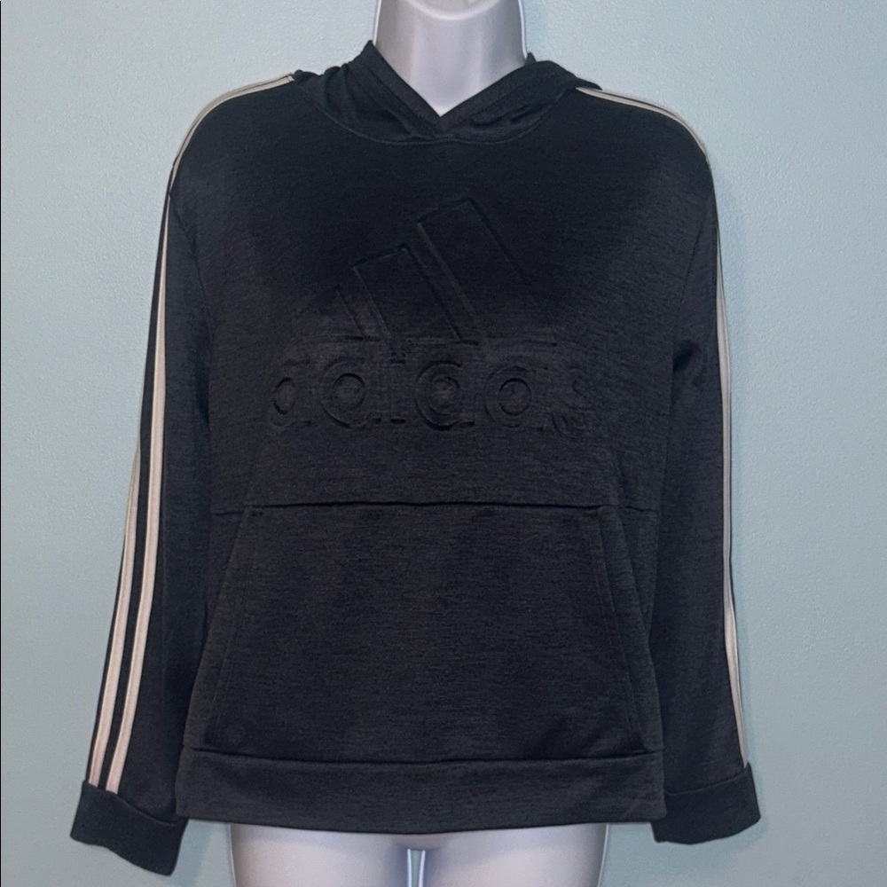 Adidas Dark Gray Lightweight Hoodie White Shoulder and Arm Stripes, Large